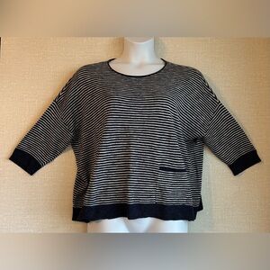 Eileen Fisher navy blue white stripe linen cotton pullover sweater size large
